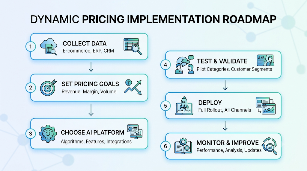 Dynamic pricing implementation roadmap in six steps: collect data from ecommerce, ERP and CRM; set pricing goals; choose an AI platform; test and validate; deploy; then monitor and improve.