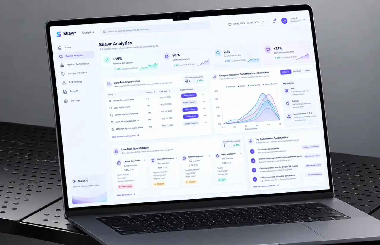 Search analytics dashboard with revenue per session, category accuracy, zero-result queries and confidence distribution