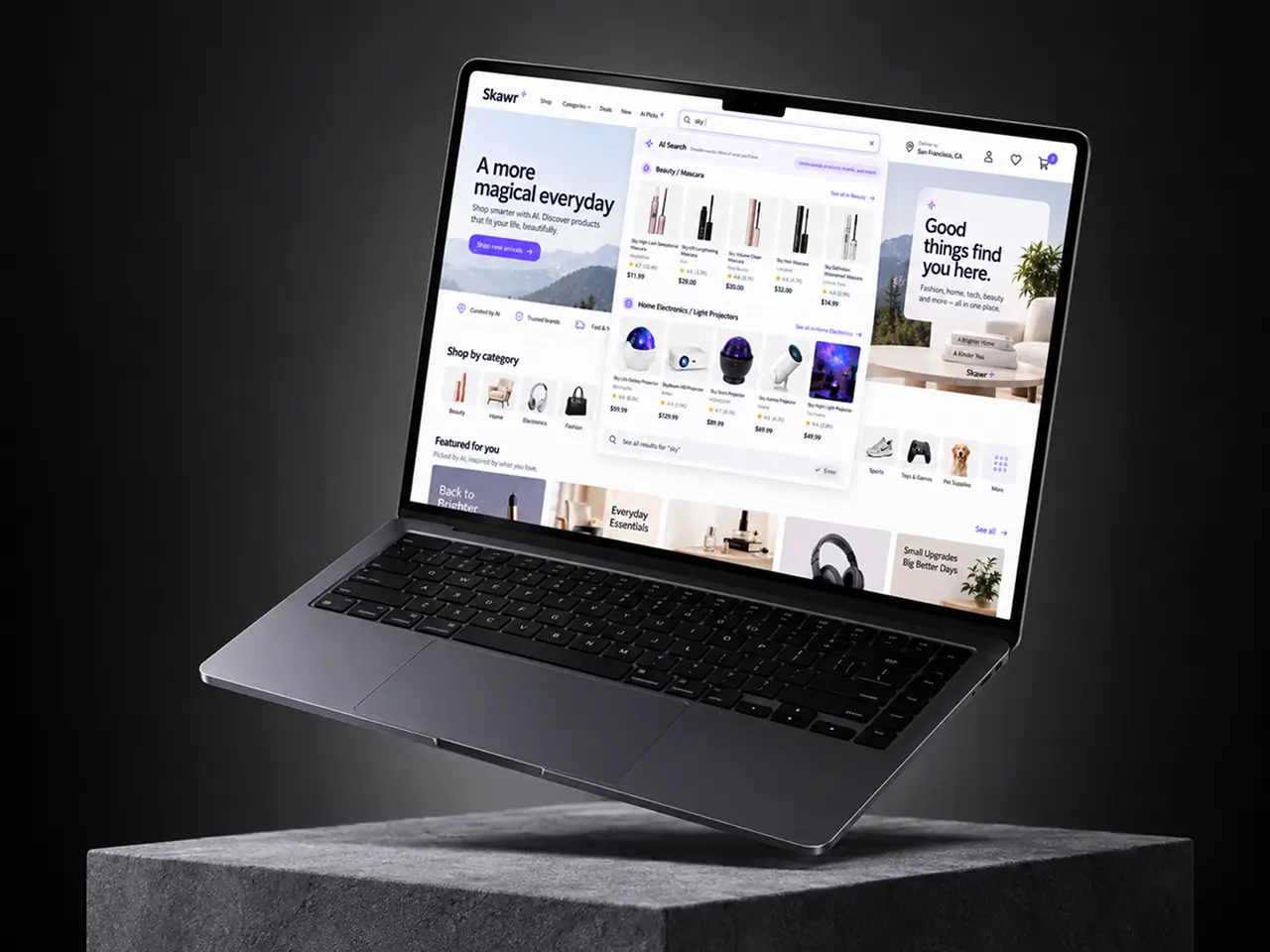 Marketplace search suggestions for the query sky, split into a beauty mascara group and a light projector group