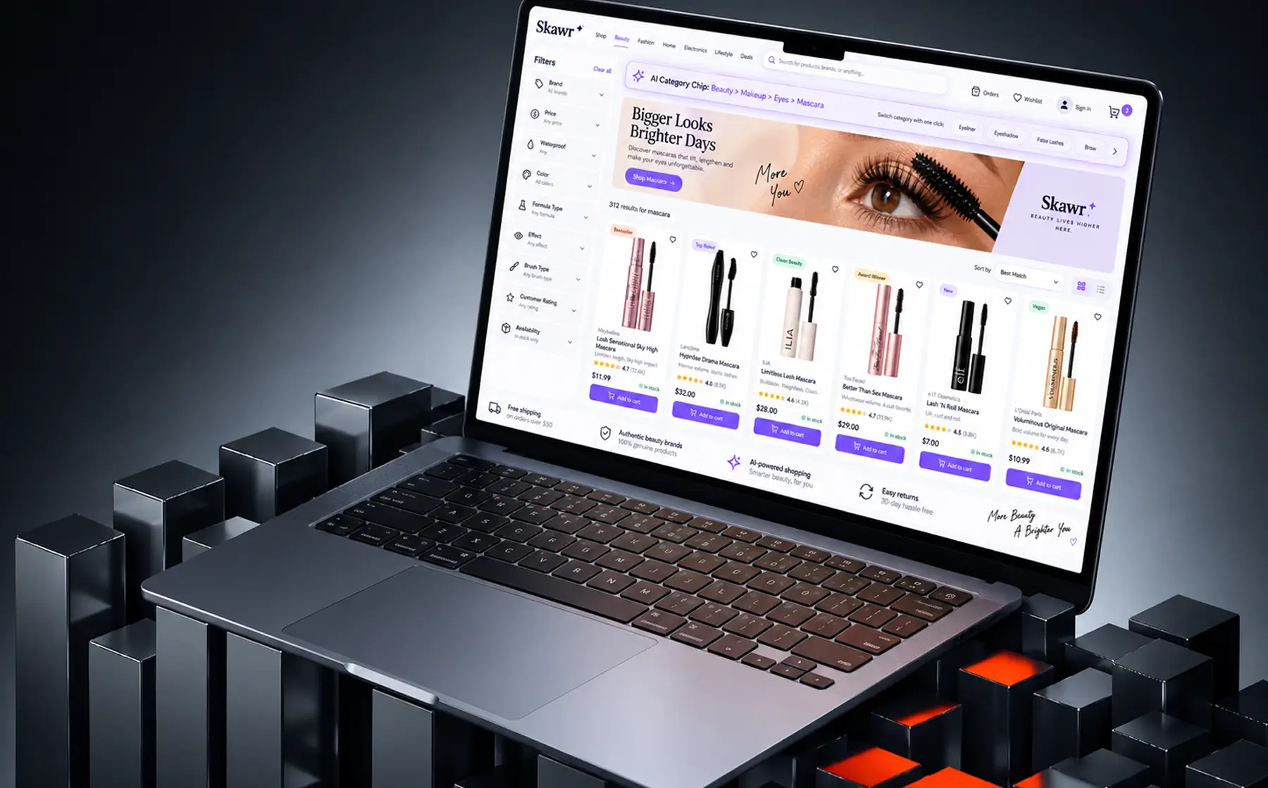 Results page for mascara with the predicted category shown as a chip and category-specific filters in the left rail