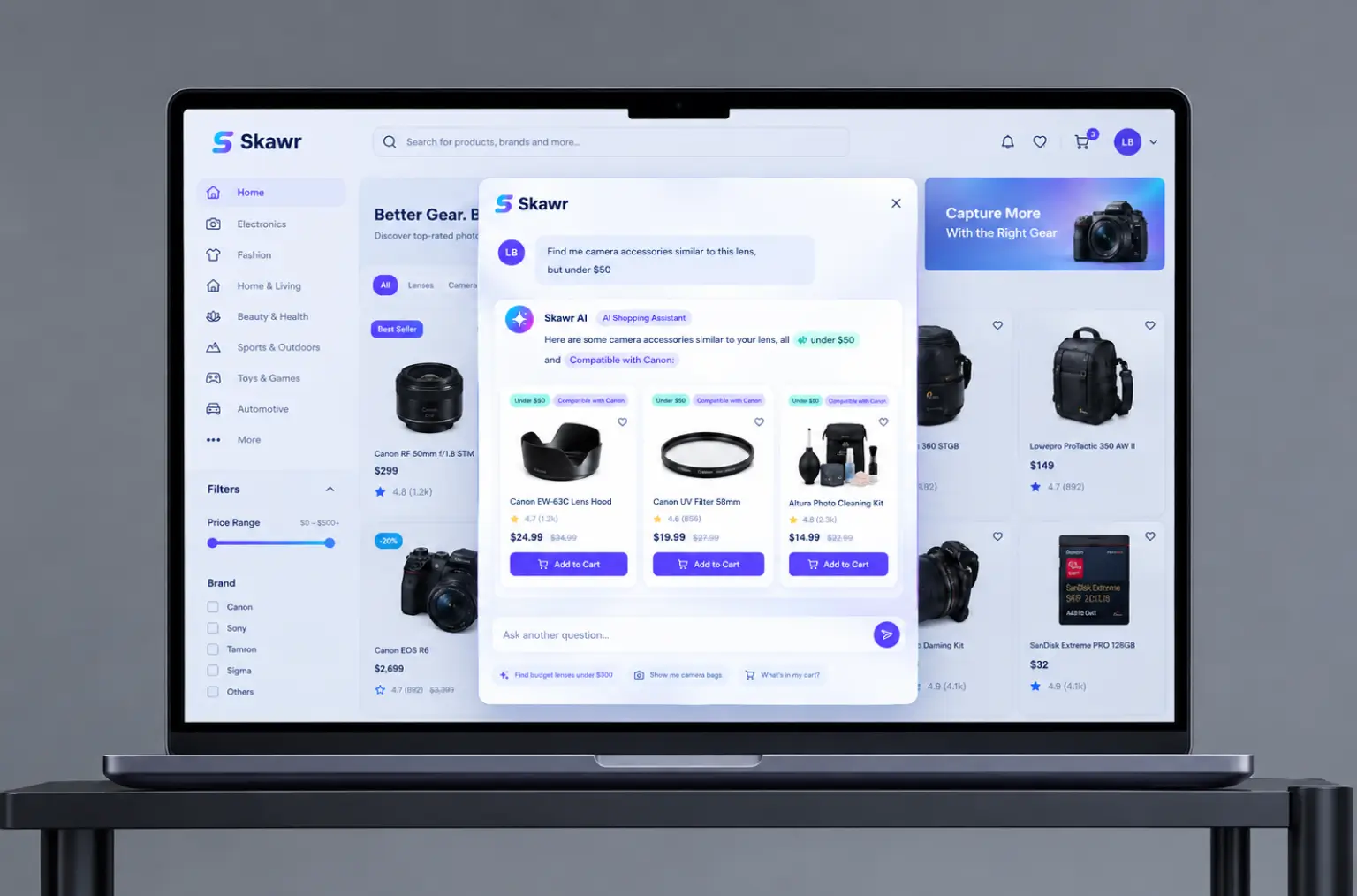 Chat panel over the storefront answering a request for camera accessories under fifty dollars with matching products
