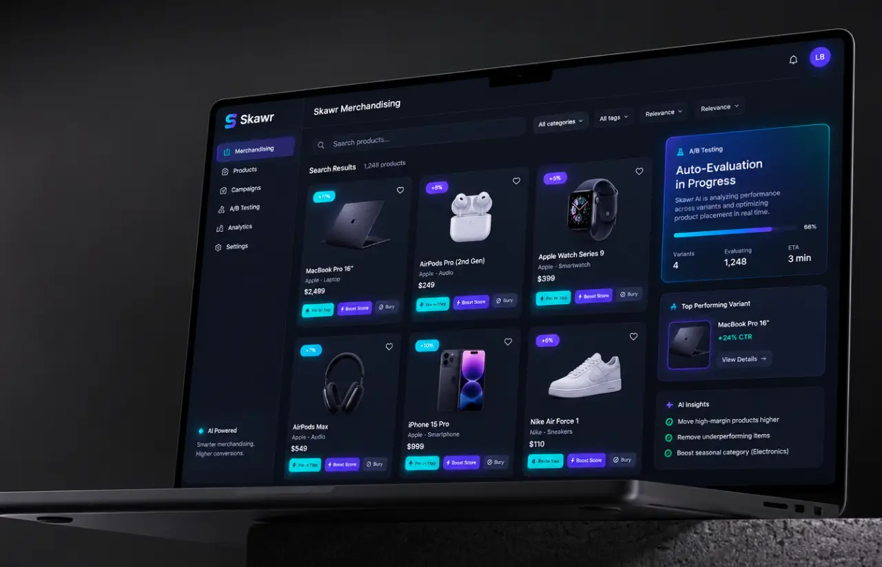 Merchandising screen where products can be pinned, boosted or buried, with an A/B auto-evaluation panel running