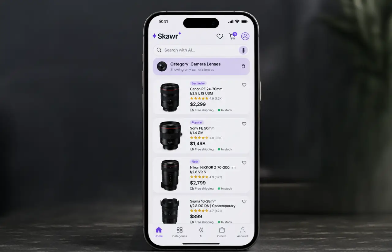 Mobile search results in a single column with the category chip pinned above the list and a voice input in the search bar