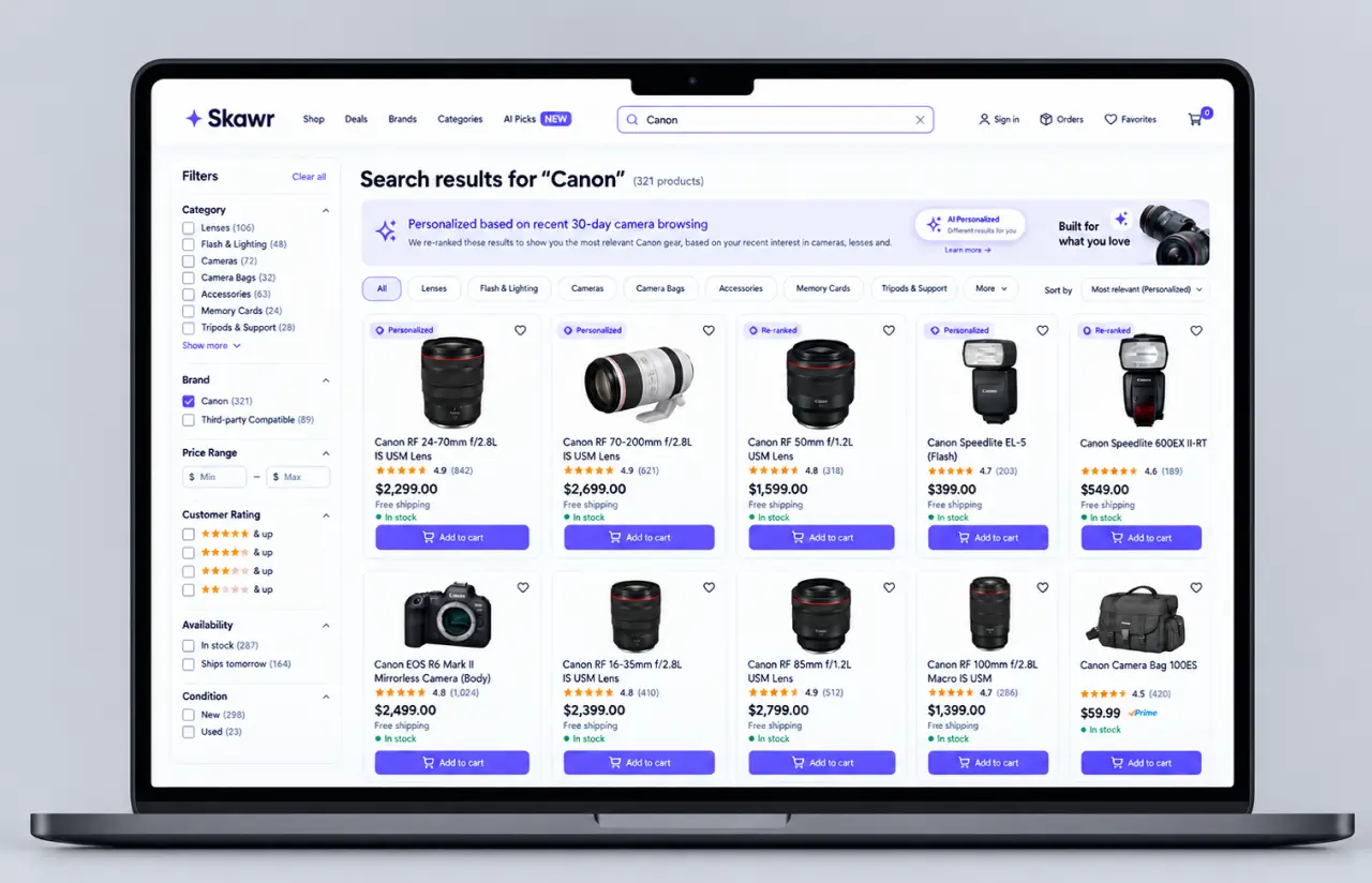 Search results for Canon re-ranked from the shopper's recent 30-day browsing, with personalized and re-ranked badges