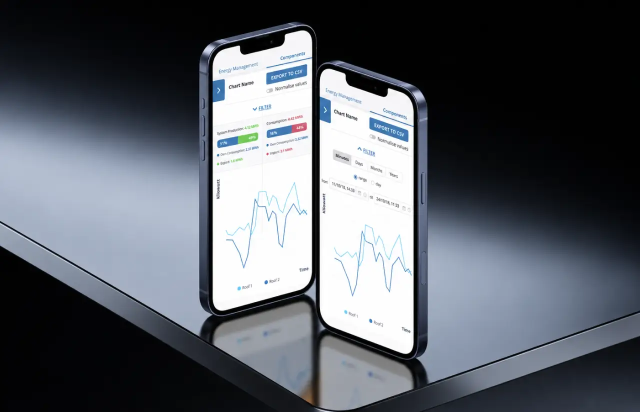 Two phones on a glossy dark surface showing energy management charts: production, own consumption, import and export per roof, with filters and export to CSV