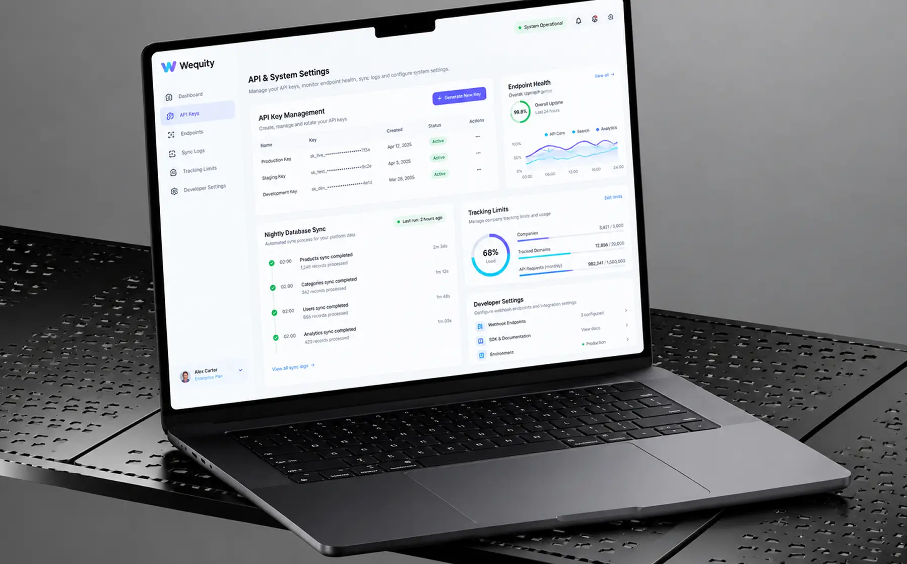 Settings screen with API key management, endpoint health, nightly database sync jobs and tracking limits