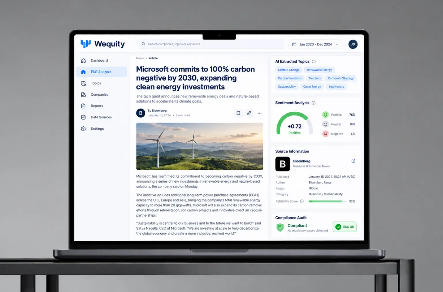 Article view with AI-extracted ESG topics, a sentiment score, source information and a compliance audit status