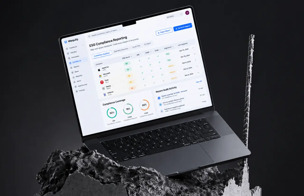 Compliance reporting screen with a table of tracked companies, compliance coverage gauges and recent audit activity
