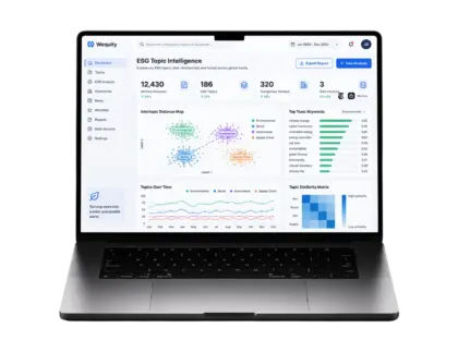 Laptop showing an ESG topic dashboard with an intertopic distance map, top topic keywords, topics over time and a similarity matrix