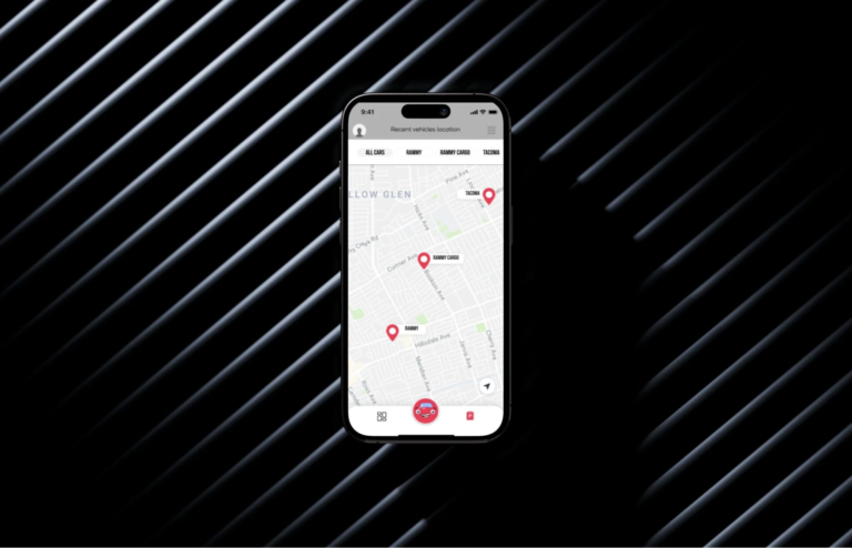 FastRoad fleet app on a smartphone: a city map showing recent vehicle locations with labelled pins and filter chips for individual cars.
