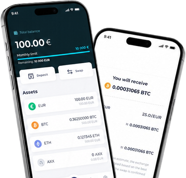 CExchange crypto wallet screens showing total balance, EUR, BTC and ETH assets and a BTC swap estimate
