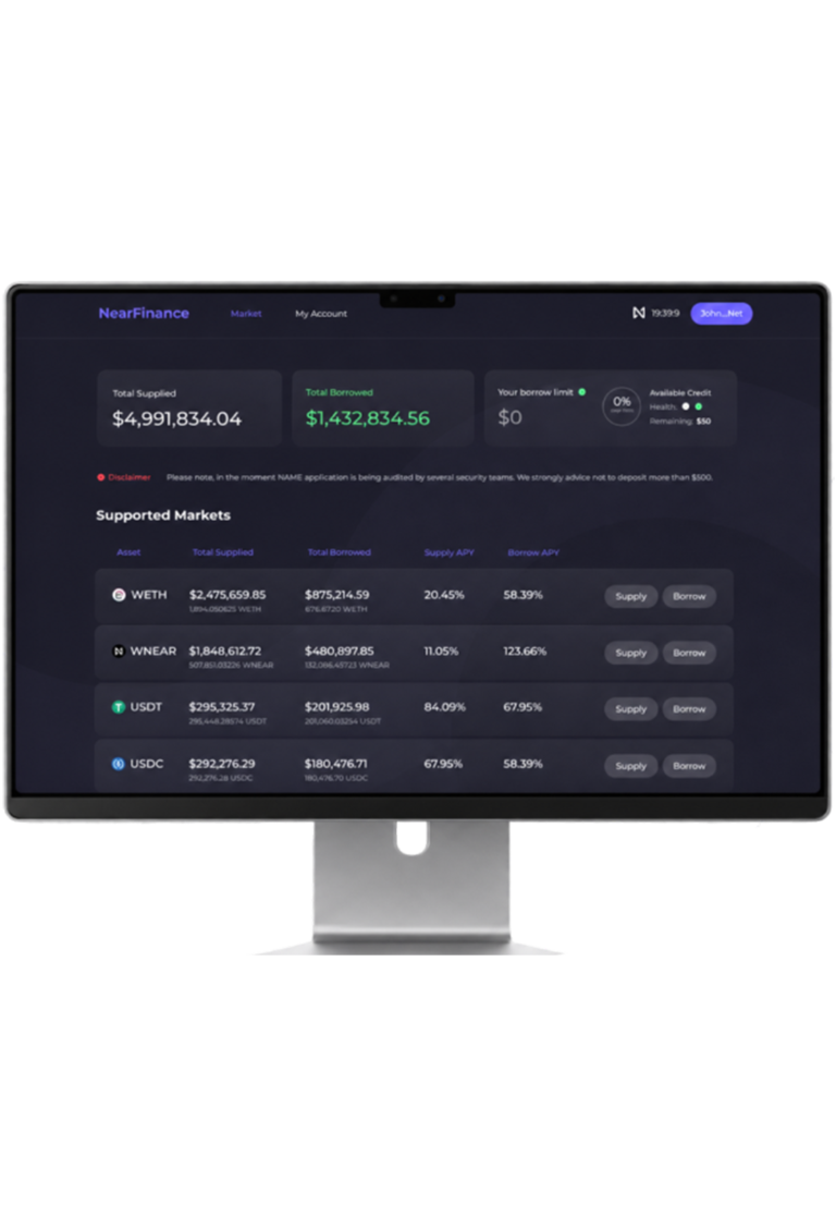 NearFinance DeFi lending dashboard showing total supplied, total borrowed and supported markets