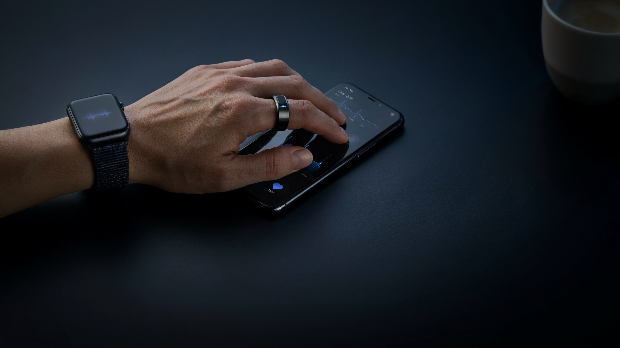 Wearable data from an Apple Watch and an Oura smart ring syncing to a phone showing a sleep-cycle screen.