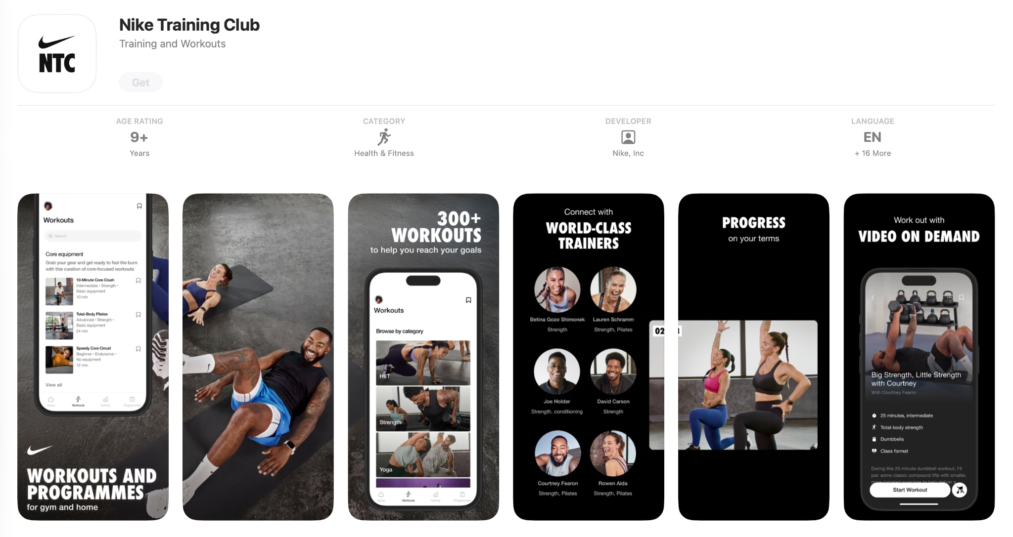 App Store listing for Nike Training Club (Nike, Inc.) showing the Workouts and Programmes screens and world-class trainers, captured September 2026.