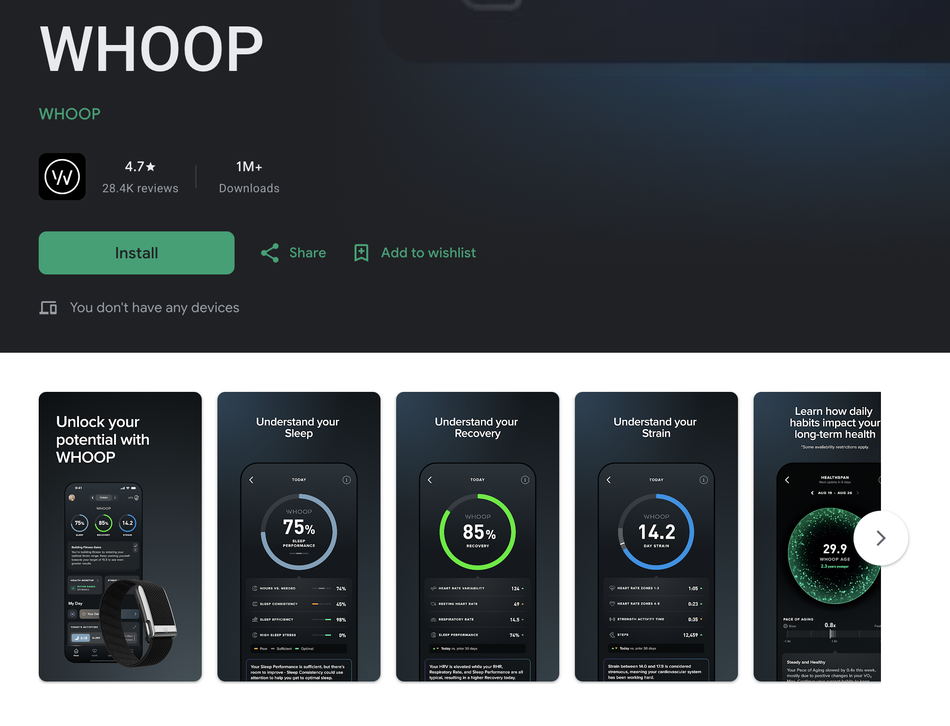 Google Play listing for the WHOOP app (WHOOP, Inc.) showing sleep, recovery and strain screens, captured September 2026.