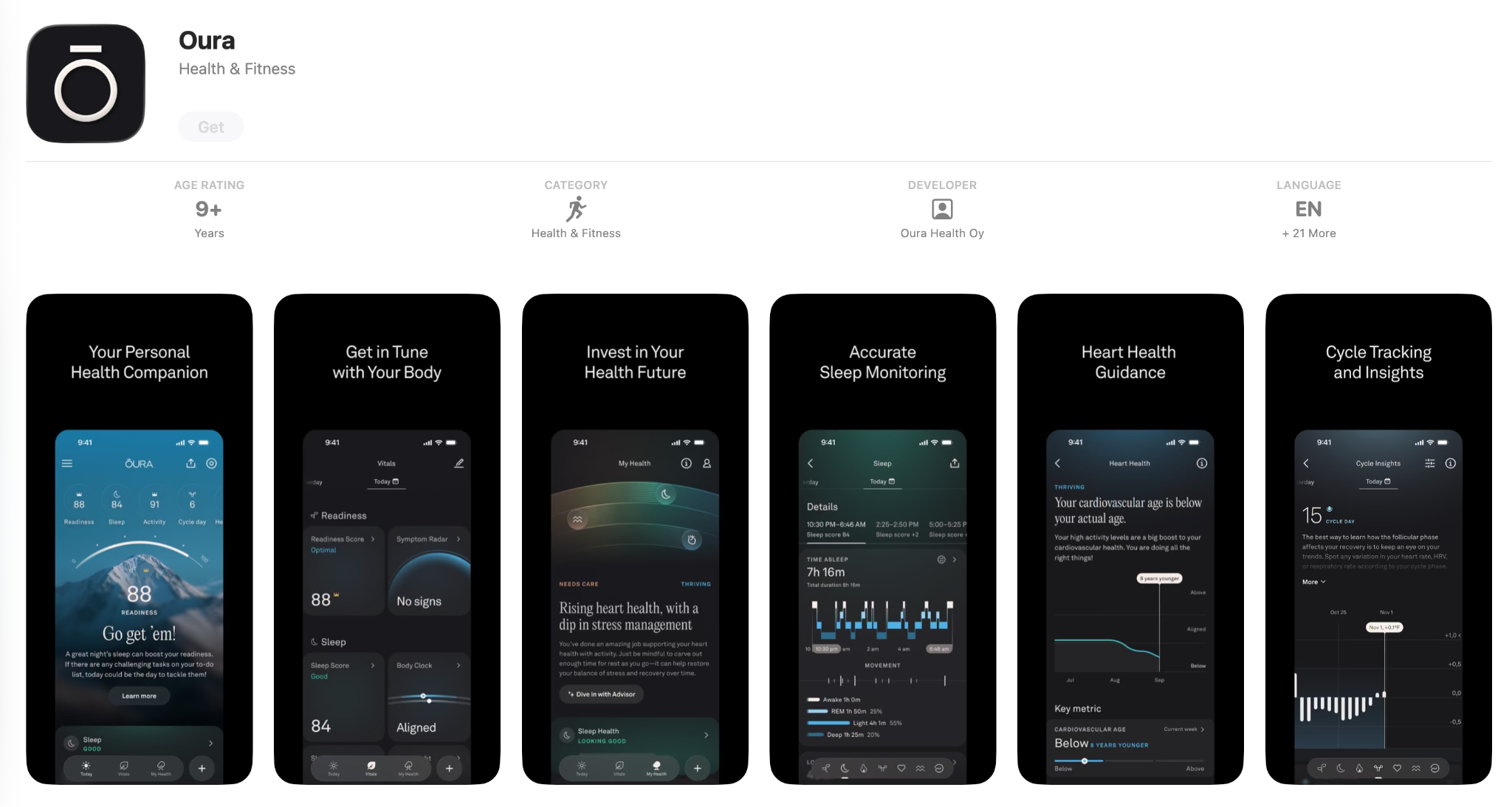 App Store listing for the Oura app (Oura Health Oy) showing readiness, accurate sleep monitoring and heart-health screens.