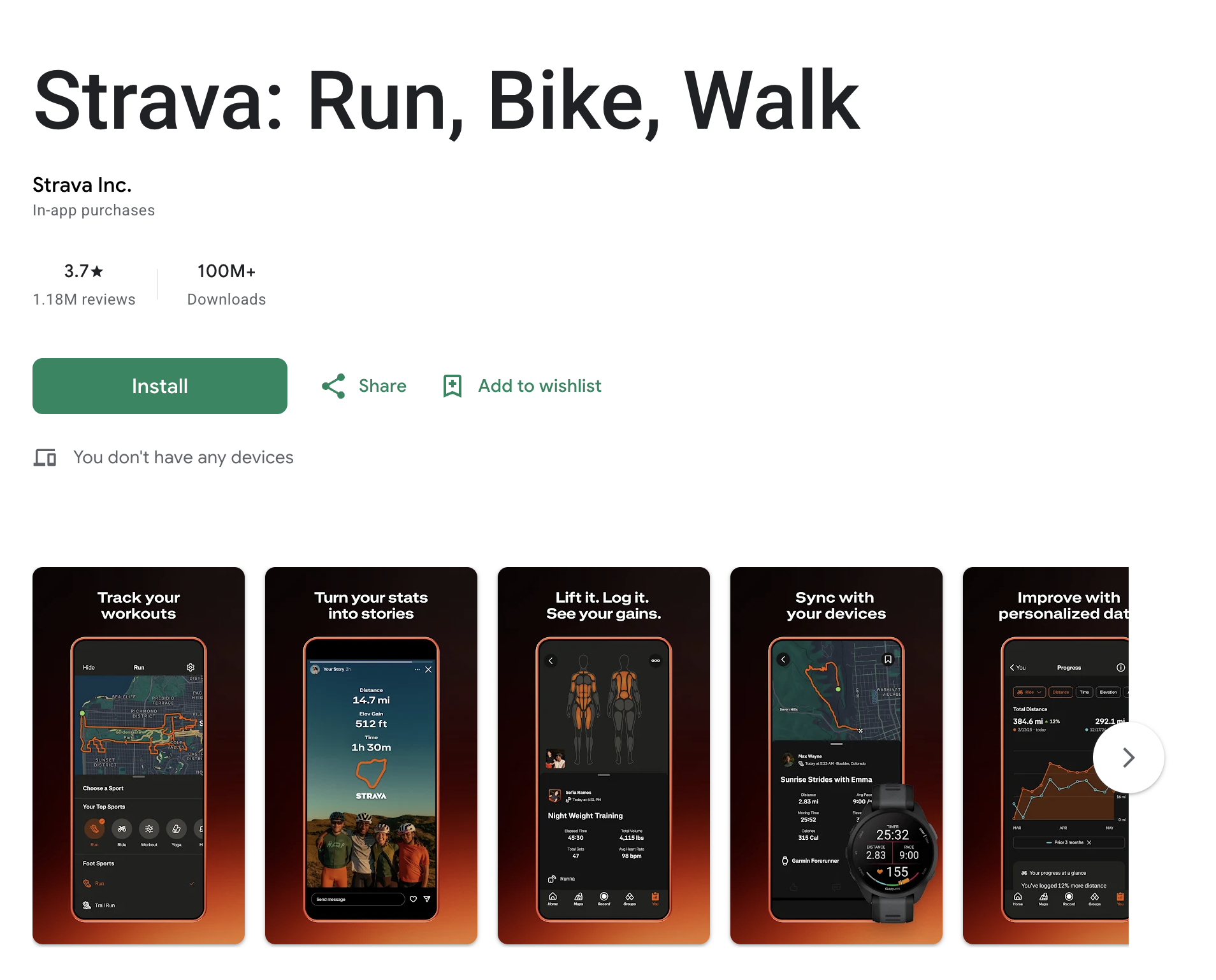 Google Play listing for Strava (Strava Inc.) with 100M+ downloads and workout-tracking screenshots, captured September 2026.