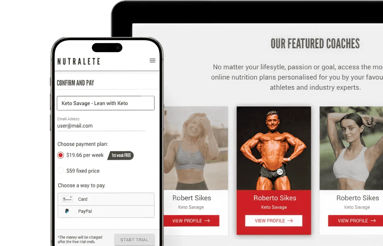 Nutralet nutrition app by LITSLINK — a confirm-and-pay screen beside a featured-coaches profile and a 12-week keto program.