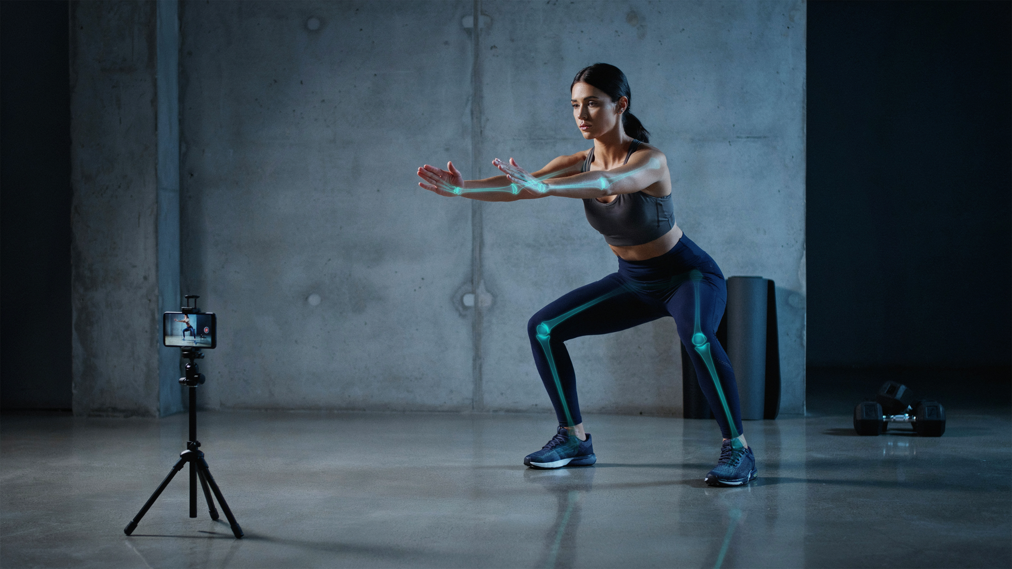 Real-time form correction — a fitness app on a tripod-mounted phone tracks a woman's squat with pose landmarks overlaid on her body.