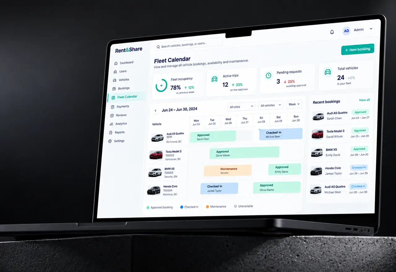 Laptop screen with a fleet calendar: fleet occupancy, active trips and pending requests, a week view of each car's approved bookings, check-ins and maintenance, and a list of recent bookings
