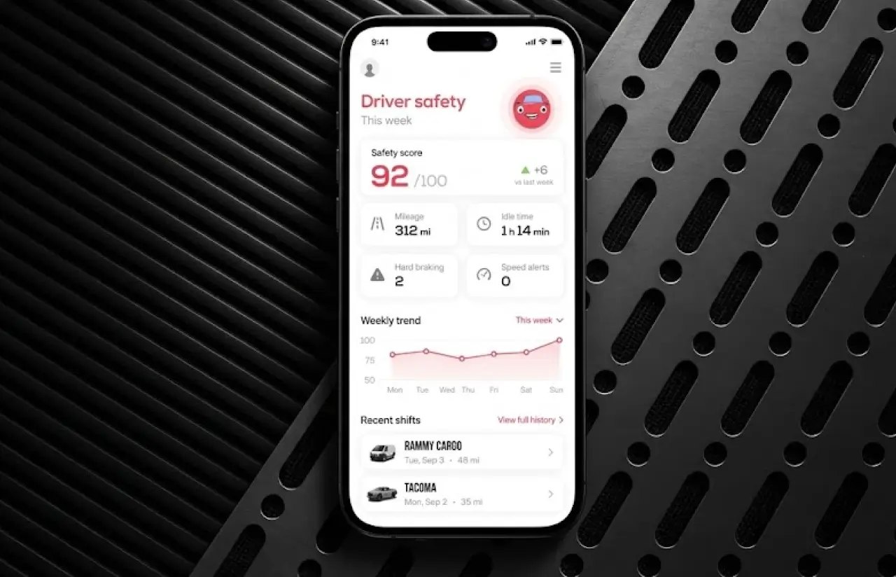 Phone on a perforated metal surface showing a weekly driver safety score with mileage, idle time, hard braking, speed alerts and recent shifts