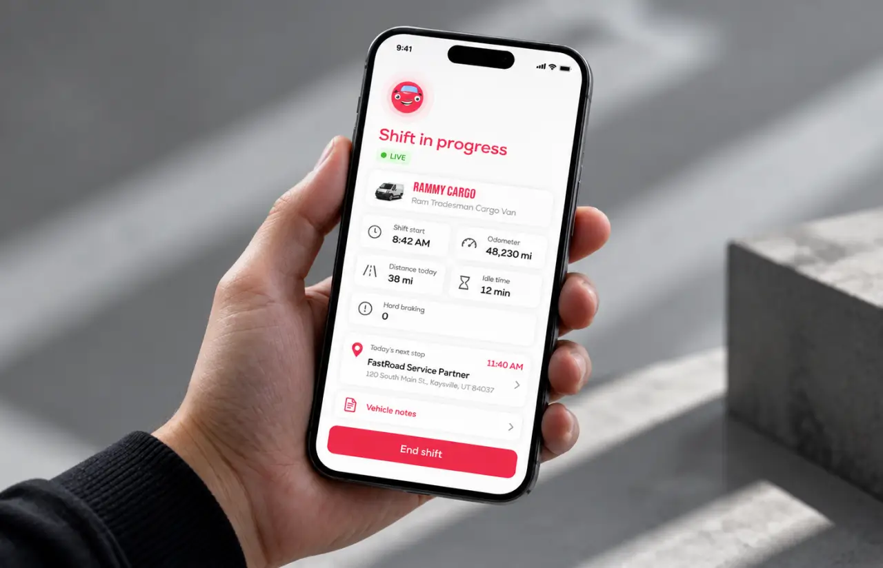 Hand holding a phone with a live shift screen showing the vehicle, shift start, odometer, distance today, idle time, hard braking and the next service stop