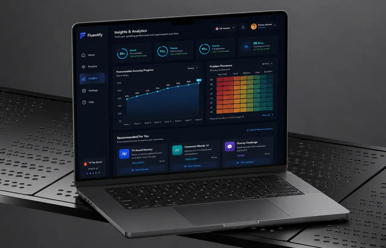 Laptop showing Fluentify insights and analytics: overall pronunciation 88%, fluency 92% and completeness 95%, a pronunciation accuracy progress chart across eight weeks, a problem phonemes heatmap graded from very hard to excellent, and recommended exercises for weak sounds
