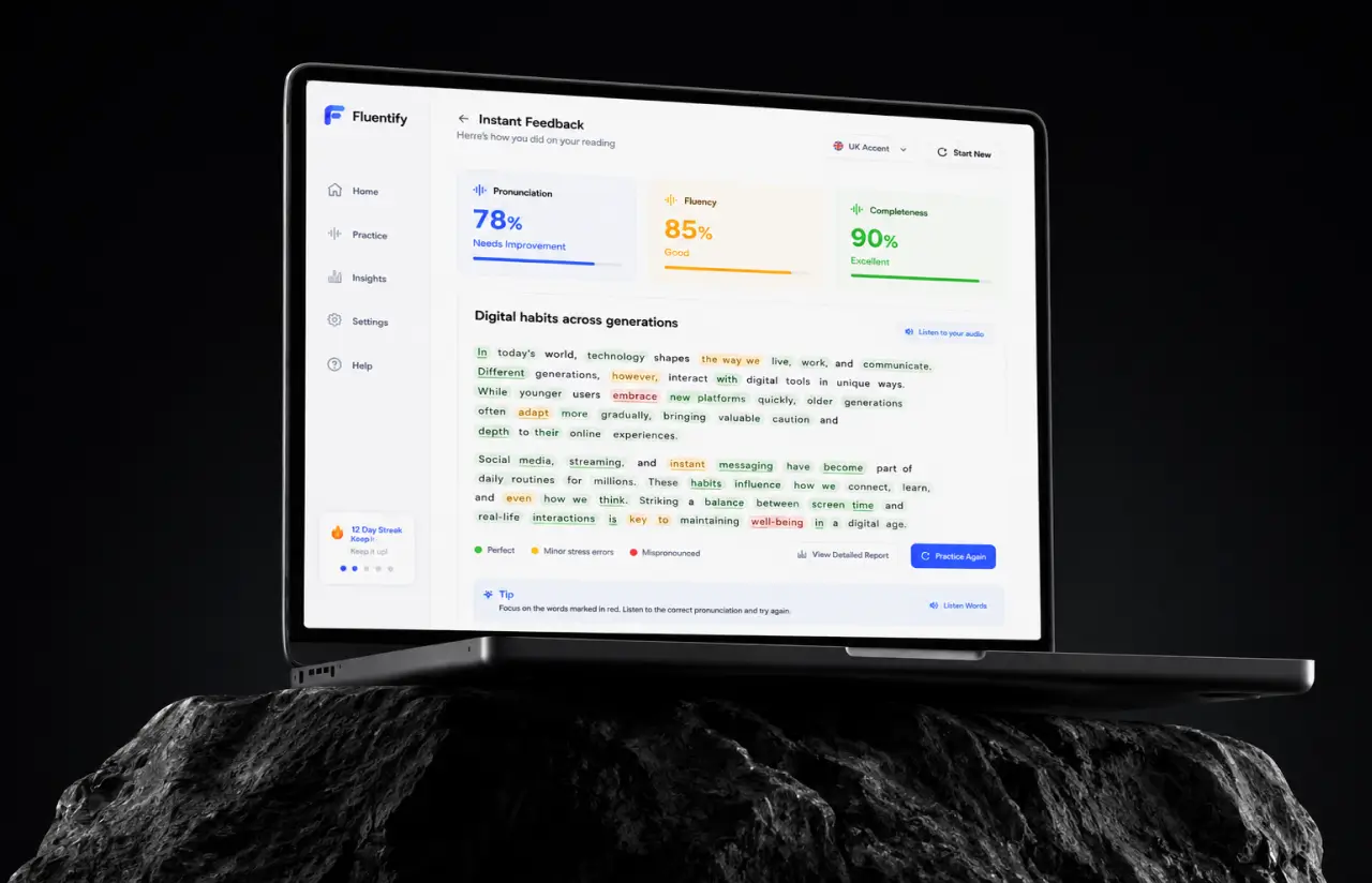 Laptop showing instant feedback after a reading: pronunciation 78% needs improvement, fluency 85% good and completeness 90% excellent, above the passage with every word coloured perfect, minor stress errors or mispronounced, and a tip to focus on the words marked in red