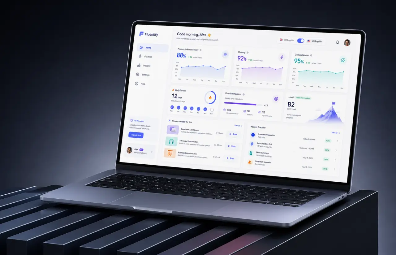 Laptop showing the Fluentify home dashboard: pronunciation accuracy 88%, fluency 92% and completeness 95% charted over the week, a 12-day streak, practice progress against a weekly goal, a B2 CEFR level card and recommended exercises