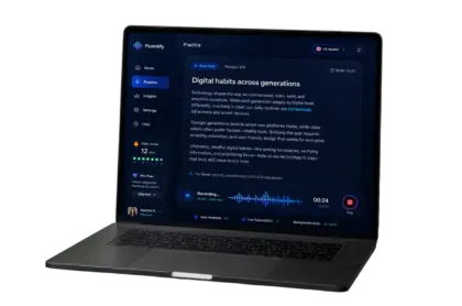 Laptop showing the Fluentify practice screen: a read-aloud passage titled Digital habits across generations with a UK accent selector, a live waveform recording at 16 kHz, a two-minute timer, and auto feedback, live transcription and background-noise indicators