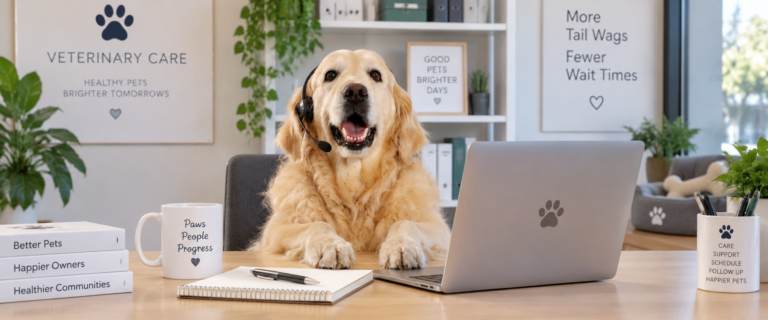 Golden retriever wearing a headset and working at a laptop in a veterinary care office.