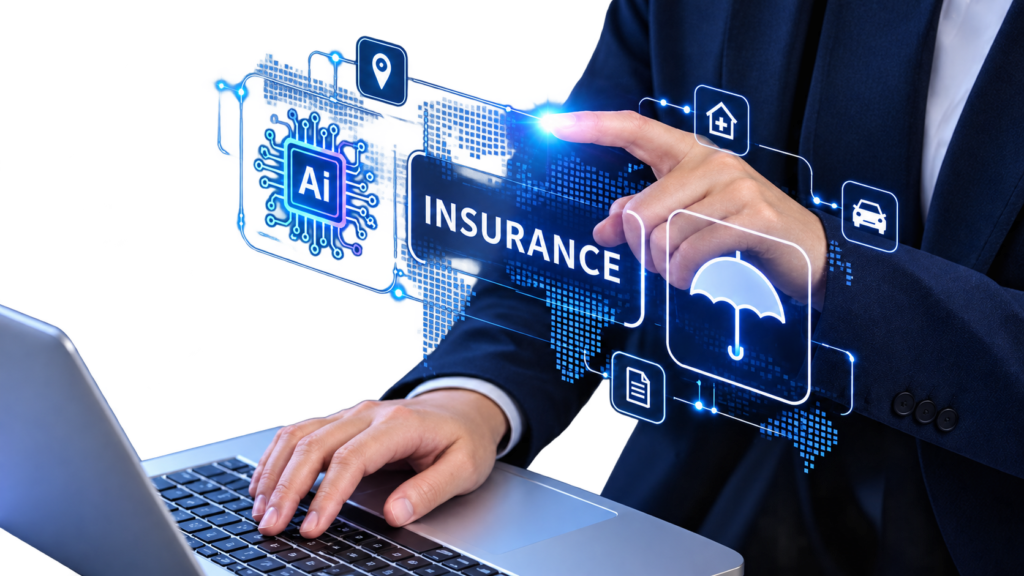 A businessman at a laptop touching holographic insurance icons — an AI chip, the word "INSURANCE," and symbols for home, car, umbrella, location, and documents over a world map — representing AI-powered insurance technology