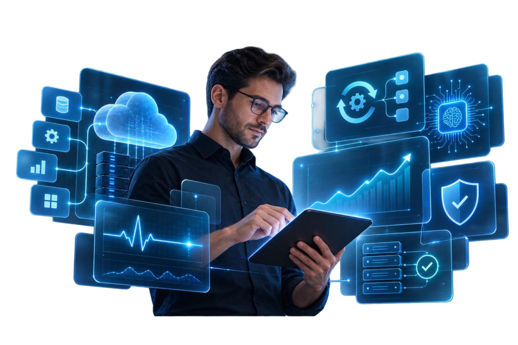 man in glasses using a tablet, surrounded by glowing holographic panels — cloud storage, databases, analytics charts, gears, an AI brain, and a security shield — representing custom software and digital services