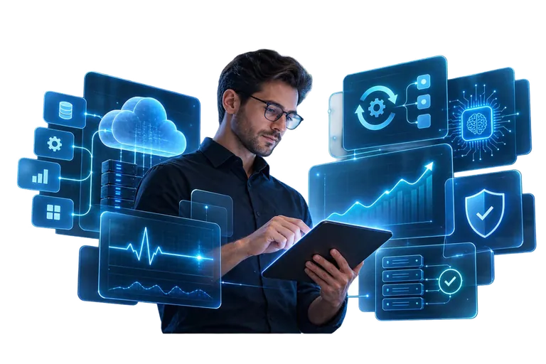 man in glasses using a tablet, surrounded by glowing holographic panels — cloud storage, databases, analytics charts, gears, an AI brain, and a security shield — representing custom software and digital services