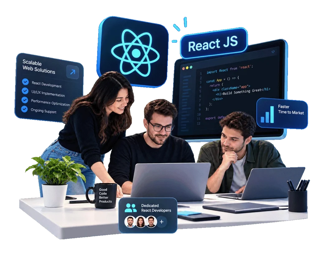 Three developers working together at laptops, surrounded by floating panels showing the React logo, a React JS code editor, a Scalable Web Solutions checklist and a Dedicated React Developers card.