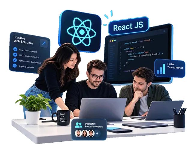 Three developers working together at laptops, surrounded by floating panels showing the React logo, a React JS code editor, a Scalable Web Solutions checklist and a Dedicated React Developers card.