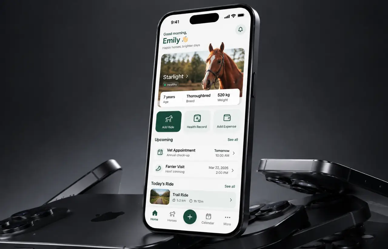 Phone standing on dark phones showing a home screen for a second horse: its photo, age, breed and weight, quick actions to add a ride, health record or expense, upcoming vet and farrier visits and today's trail ride