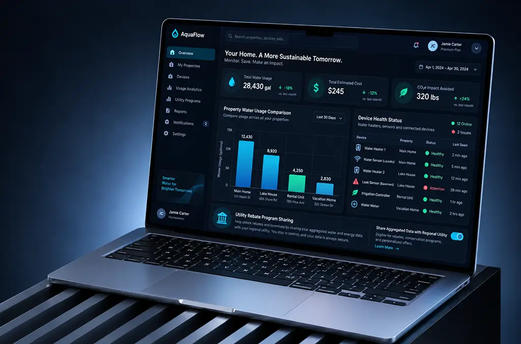 Laptop showing a homeowner web portal with total water usage, estimated cost, CO2 impact, water usage by property, device health status and a utility rebate data-sharing option