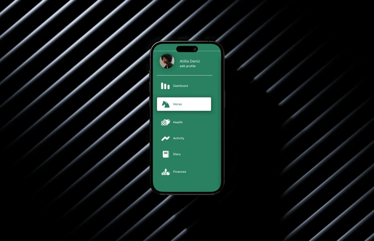 Phone on a dark ribbed surface showing a horse care app menu: dashboard, horse, health, activity, diary and finances