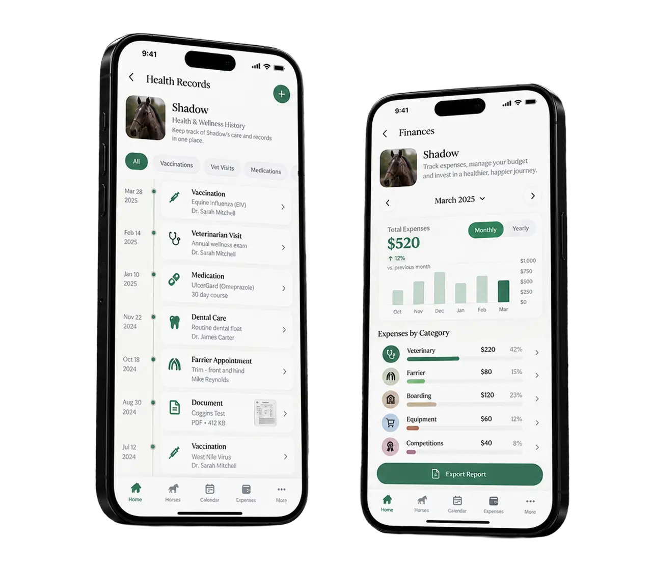 Two phone screens: a horse's health and wellness history with vaccinations, vet visits, medication, dental care and farrier appointments, and a finances screen with monthly expenses by category