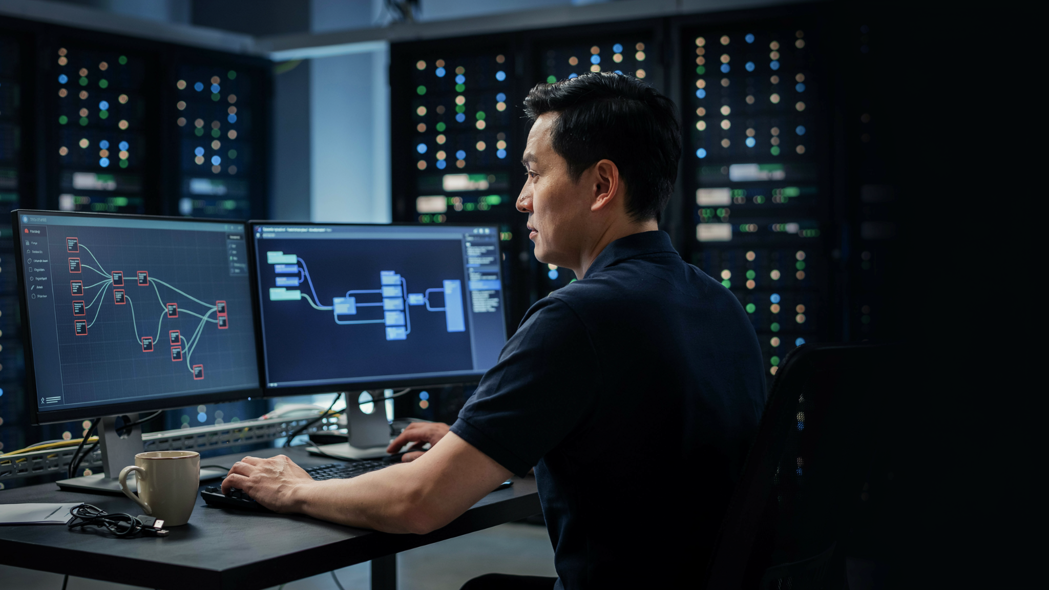An engineer reviewing data migration and integration flow diagrams on dual monitors in a hospital data center.