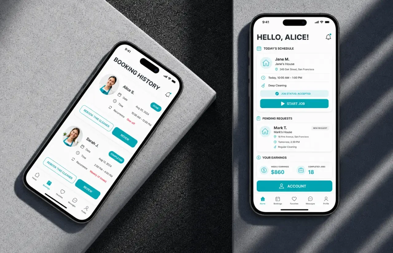 House cleaning app booking history and schedule