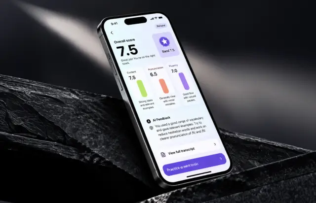 Result screen showing an overall score of 7.5 with a band badge, three criteria bars and written AI feedback underneath