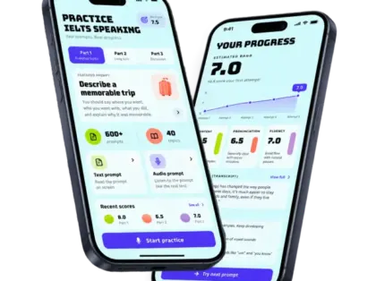 Two phones showing the speaking practice home with Part 1 to 3 topics and a progress screen with an estimated band of 7.0