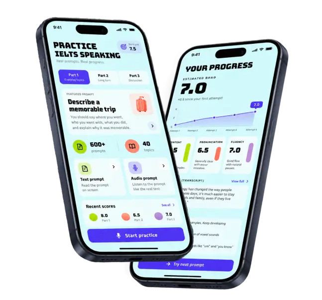 Two phones showing the speaking practice home with Part 1 to 3 topics and a progress screen with an estimated band of 7.0