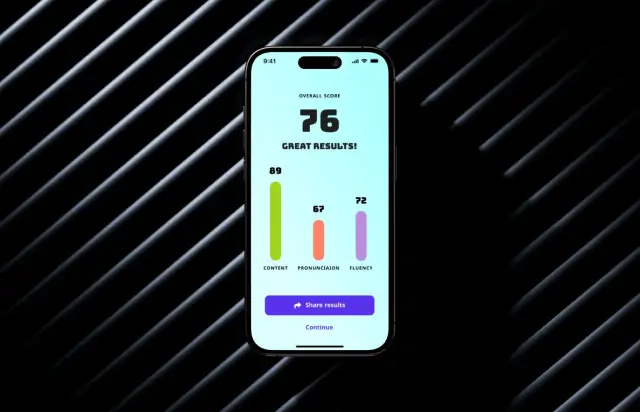 Result screen with an overall score of 76 and three coloured bars for content, pronunciation and fluency