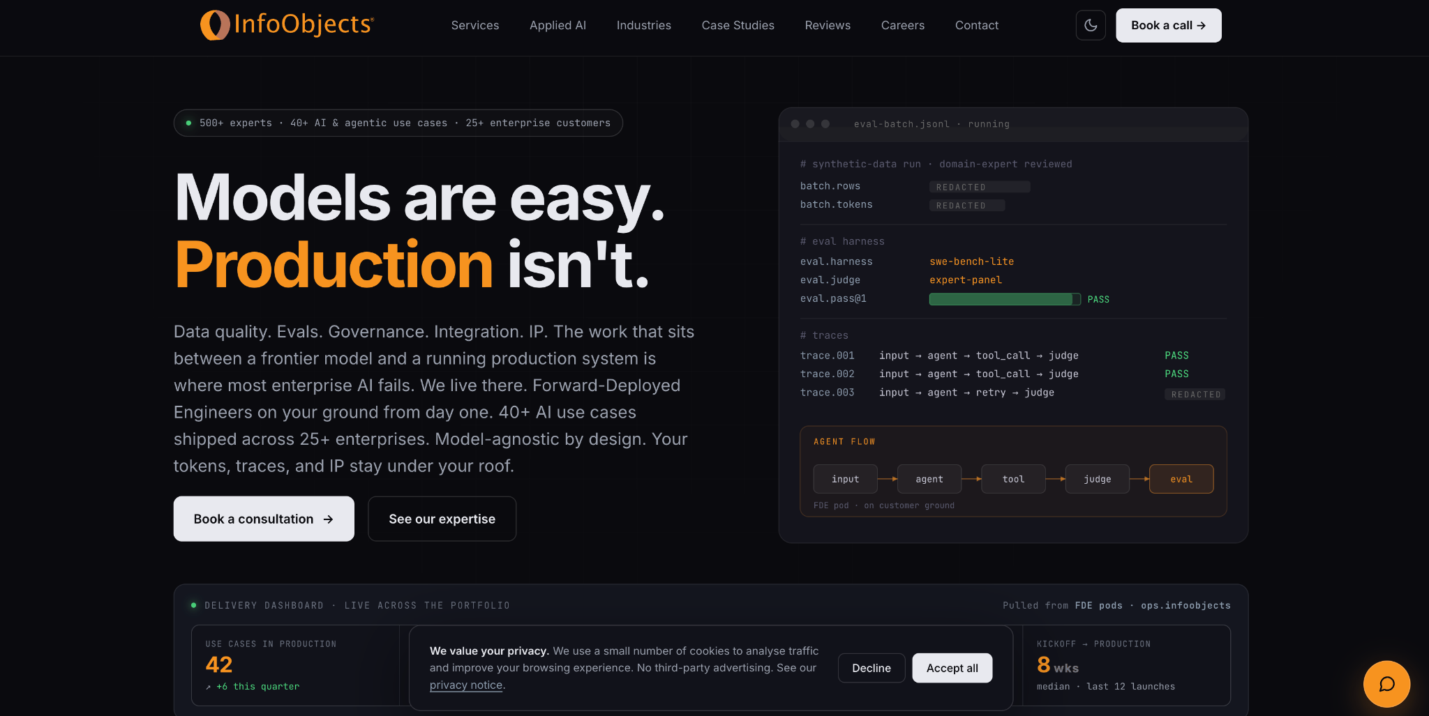 InfoObjects homepage: "Models are easy. Production isn't." beside an eval dashboard showing agent traces and passing eval results.