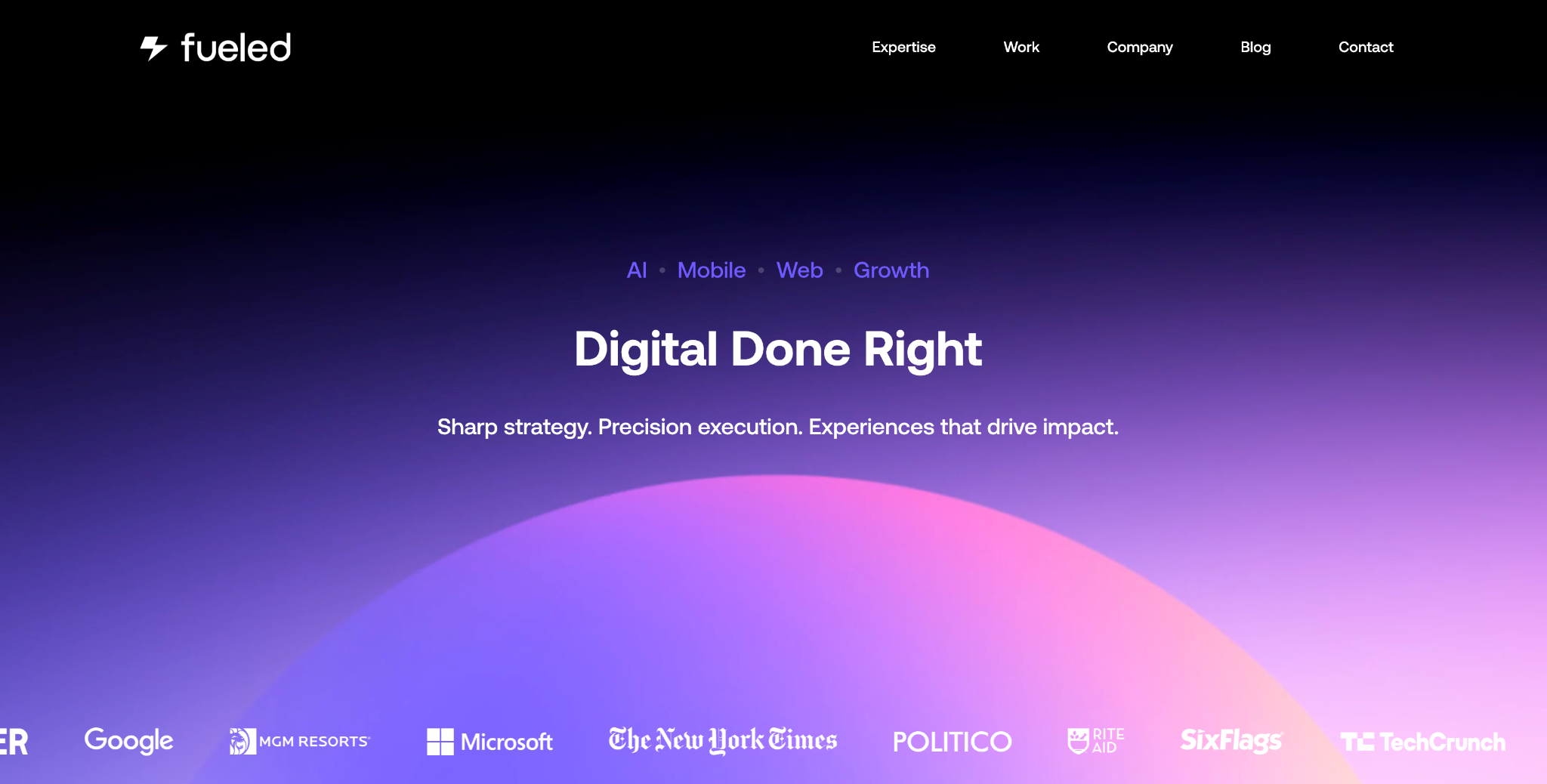 Fueled homepage hero Digital Done Right with AI, Mobile, Web and Growth links and logos of Google, Microsoft and The New York Times