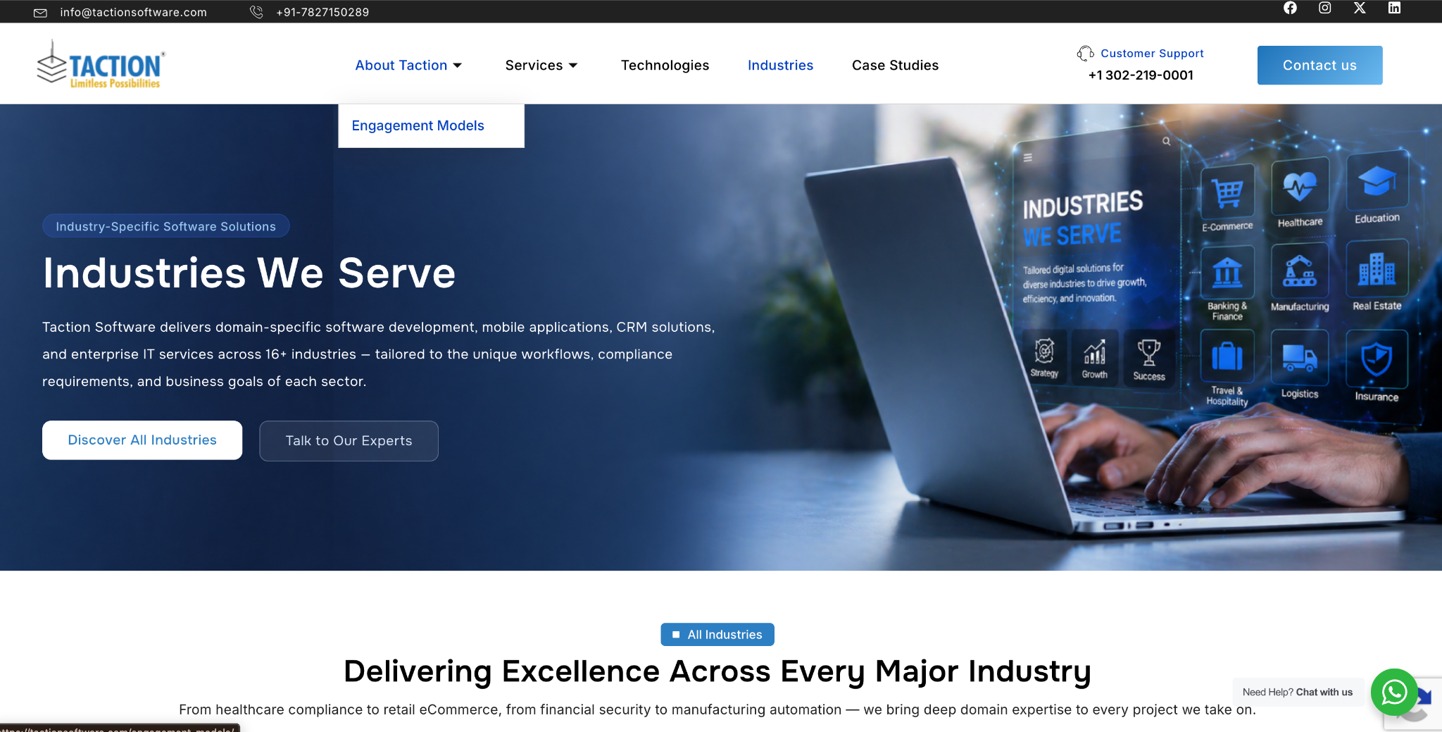 Taction Software 'Industries We Serve' page listing 16+ industries including healthcare, over a photo of hands typing on a laptop.