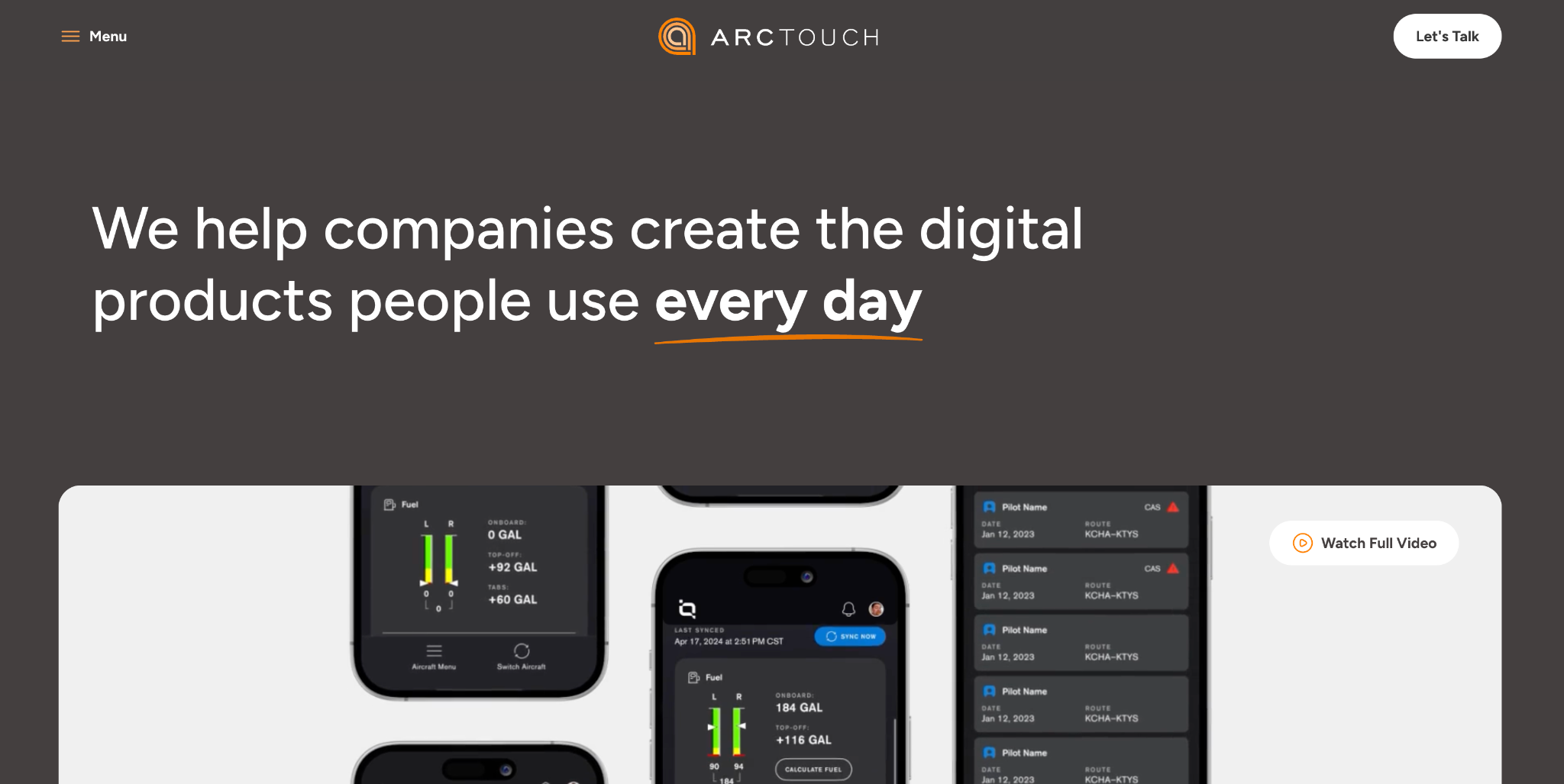 ArcTouch homepage hero: We help companies create the digital products people use every day, above aviation app screens on iPhones